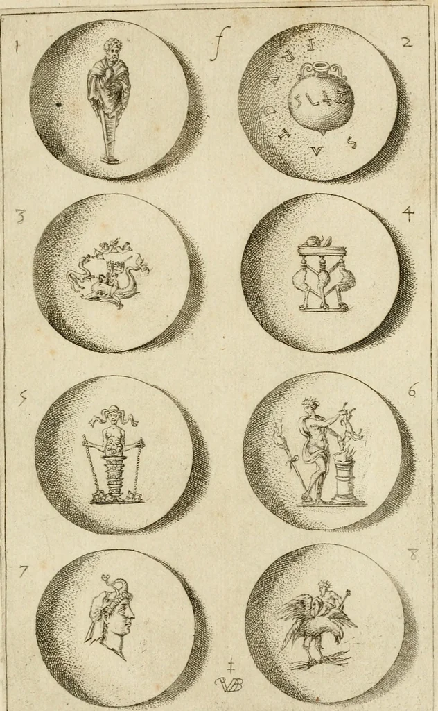 An illustration from Discovrs svr les medalles et gravevres antiques, principalement romaines. Plus, vne exposition particuliere de quelques planches ou tables estans sur la fin de ce liure, esquelles sont monstrees diuerses medalles & graueures antiques, rares & exquises, 1579, leaf 366