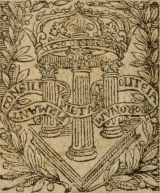 An illustration from Discovrs svr les moyens de bien govverner & maintenir en bonne paix vn royaume, ou autre principauté. Divisez en trois parties, assavoir, dv conseil, de la religion, & de la police que doit tenir vn prince. Contre Nicolas Machiauel Florentin .., 1577, leaf 2