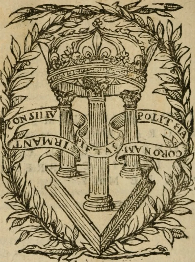 An illustration from Discovrs svr les moyens de bien govverner & maintenir en bonne paix vn royaume, ou autre principauté. Divisez en trois parties, assavoir, dv conseil, de la religion, & de la police que doit tenir vn prince. Contre Nicolas Machiauel Florentin .., 1577, leaf 879