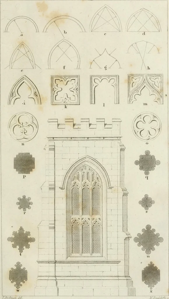 An illustration from An attempt to discriminate the styles of architecture in England : from the Conquest to the Reformation : with notices of above three thousand British edifices : preceded by a sketch of the Grecian and Roman orders, 1825, leaf 142