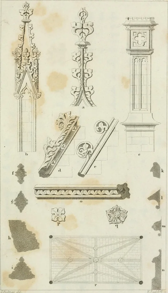 An illustration from An attempt to discriminate the styles of architecture in England : from the Conquest to the Reformation : with notices of above three thousand British edifices : preceded by a sketch of the Grecian and Roman orders, 1825, leaf 144