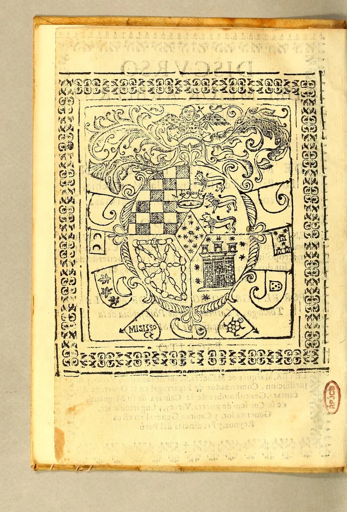 An illustration from Discurso del meior arbitrio de Philippo IIII, el grande rey de las Españas, y emperador de las Indias. : Eleccion de Maria Santissima S.N. por patrona de su española monarchia, y protectora de sus cathólicas armas. Predicado en el solemnissimo nouenario, que por orden de Su Magestad se celebrò en la cathedral metropolitana desta corte de Lima: y por acuerdo de sus dos principes a la deuotissima imagen de Nuestra Señora del Rosario., 1644, leaf 6