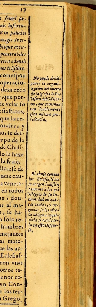 An illustration from Discurso iuridico, historico-politico, en defensa de la jurisdicion real : ilustracion de la prouision de veinte de febrero del año passado de 1684. despachada por el Govierno Superior, y reducida a ordenança en el Tom. I. Fol. 311. : Sobre que en recibir los corregidores deste reyno informaciones secretas de oficio, ò a instancia de parte, en orden à averiguar como obervan los curas, y doctrineros las disposiciones canonicas, synodales, cedulas, y ordenan{u0063}as de Su Magestad, que tratan de las obenciones que deben llevar à los indios à fin solo de dar cuenta con ellas à sus prelados, y al Govierno Superior destos reynos, para que lo remedien, no se contraviene en cosa alguna à la immunidad de la Iglesia., 1685, leaf 29