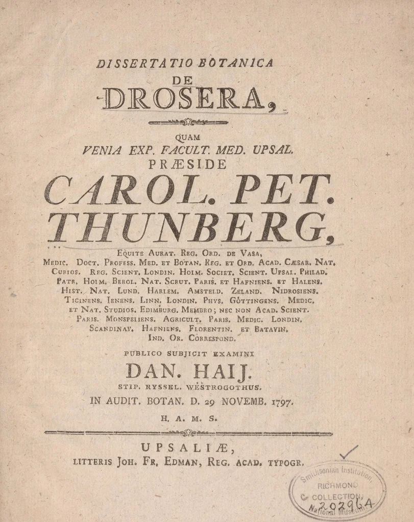 An illustration from Dissertatio botanica de Drosera : quam venia exp. Facult. Med. Upsal. præside Carol. Pet. Thunberg ..., 1797, leaf 5