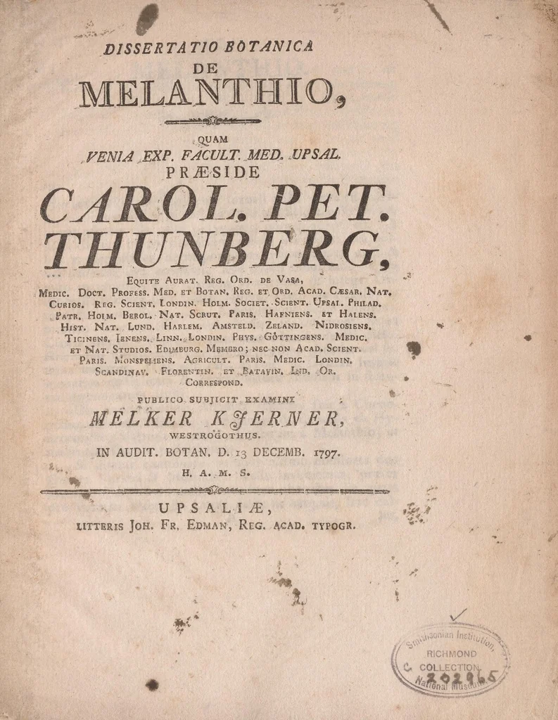 An illustration from Dissertatio botanica de Melanthio : quam venia exp. Facult. med. Upsal. præside Carol. Pet. Thunberg ... ; publico subjicit examini Melker Kjerner ... in audit. botan. d. 13 Decemb. 1797, 1797, leaf 5