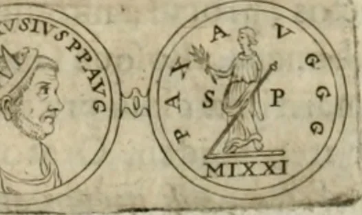 An illustration from Duplex dissertatio de duobus nummis Diocletiani et Licinii : ex cimelijs sereniss. ac reuerendiss. principis Leopoldi Cardinalis Medicei, cum auctario chronologico de votis decennalibus imperatorum ac caesarum, 1676, leaf 25