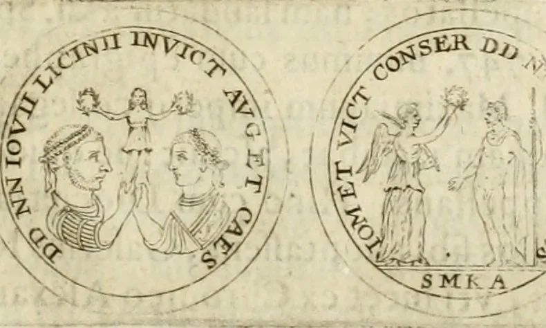 An illustration from Duplex dissertatio de duobus nummis Diocletiani et Licinii : ex cimelijs sereniss. ac reuerendiss. principis Leopoldi Cardinalis Medicei, cum auctario chronologico de votis decennalibus imperatorum ac caesarum, 1676, leaf 42