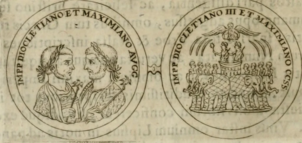 An illustration from Duplex dissertatio de duobus nummis Diocletiani et Licinii : ex cimelijs sereniss. ac reuerendiss. principis Leopoldi Cardinalis Medicei, cum auctario chronologico de votis decennalibus imperatorum ac caesarum, 1676, leaf 9