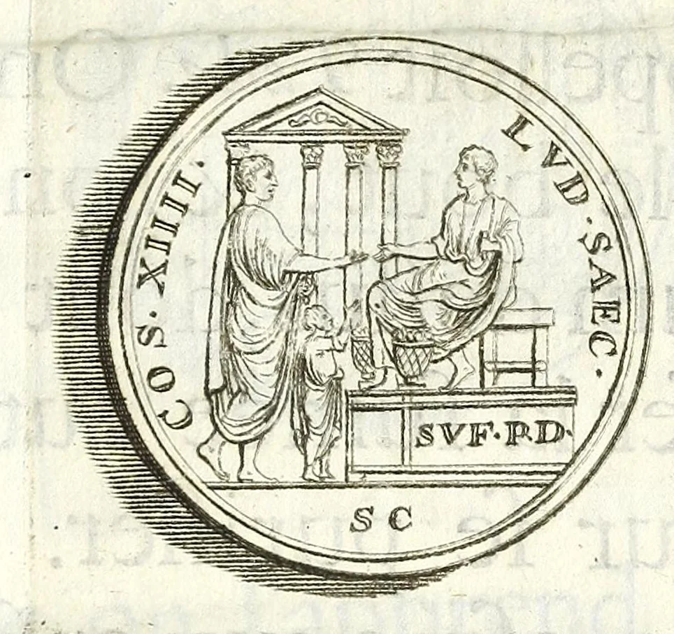 An illustration from Dissertation sur douze medailles des jeux seculaires de l'empereur Domitien., 1684, leaf 17