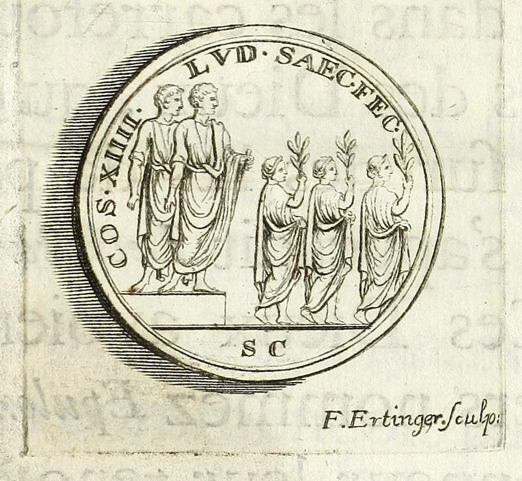 An illustration from Dissertation sur douze medailles des jeux seculaires de l'empereur Domitien., 1684, leaf 22