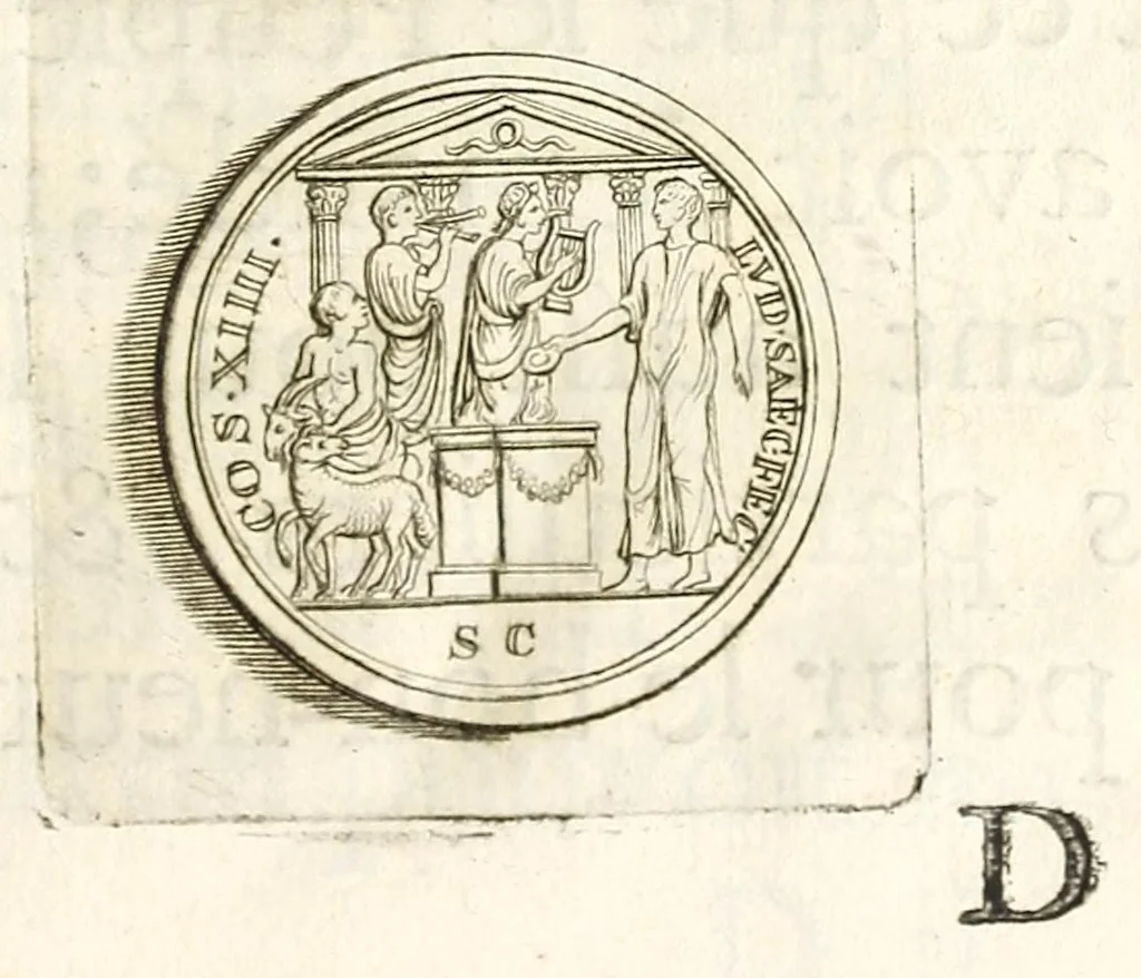 An illustration from Dissertation sur douze medailles des jeux seculaires de l'empereur Domitien., 1684, leaf 31