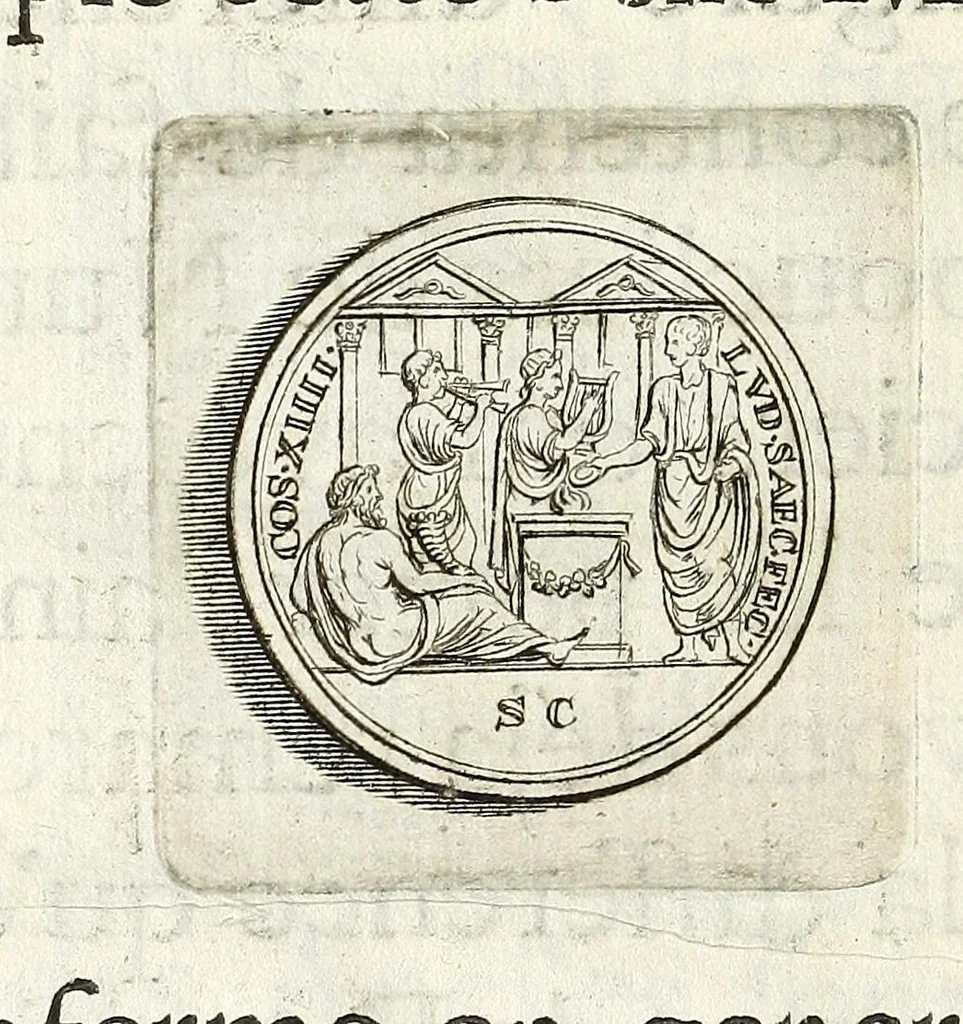 An illustration from Dissertation sur douze medailles des jeux seculaires de l'empereur Domitien., 1684, leaf 46