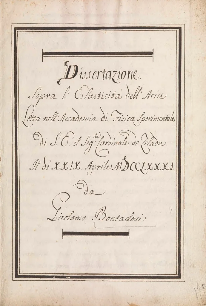 An illustration from Dissertazione sopra l'elasticità dell'aria letta nell'Accademia di Fisica Sperimentale di S.E. il Sig'le Cardinale de Zelada il di XXIX Aprile MDCCLXXXI, 1781, leaf 7