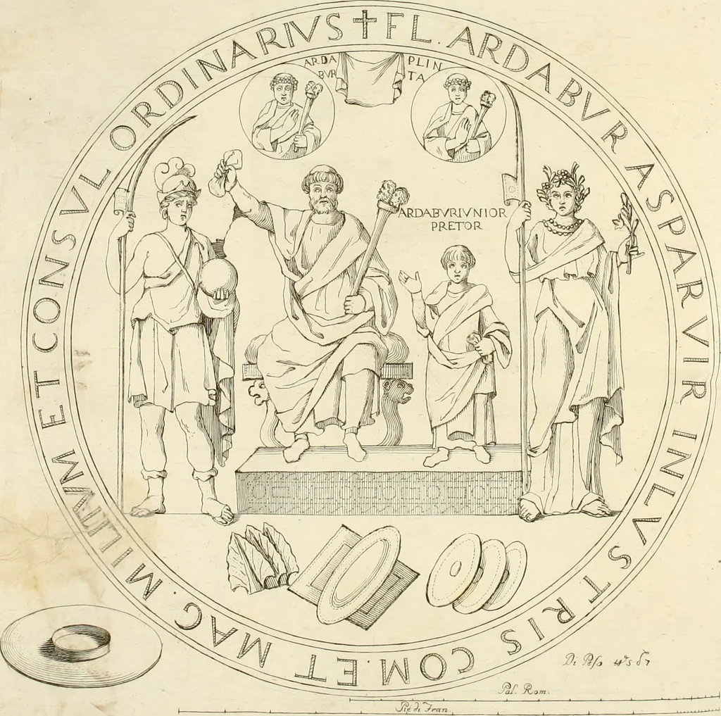 An illustration from Dissertazione sopra un clipeo votivo : spettante alla famiglia Ardaburia, trovato l'anno MDCCLXIX, nelle vicinanze d' Orbetello, ora esistente nel museo di S.A.R. Pietro Leopoldo, arciduca d'Austria e granduca di Toscana, 1771, leaf 16