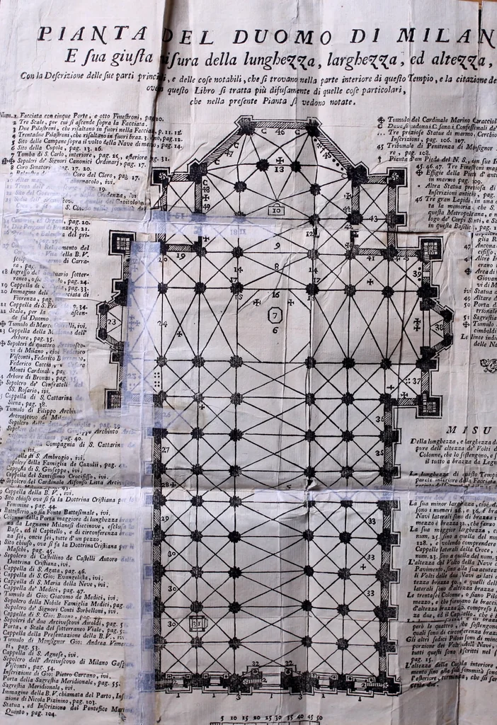 An illustration from Distinto ragguaglio dell'ottava maraviglia del mondo, o sia, della gran metropolitana dell'Insubria volgarmente detta il duomo di Milano, cominciando dalla sua origine sino allo stato presente : in cui vengono minutamente, e con molta diligenza descritte tutte le sue parti tanto esteriori, come interiori, con tutto ciò, che in esso si contiene di ammirabile, di vago, di pregievole, e di sacrosanto, oltre diverse altre notizie intorno alla grandezza, magnificenza, e prerogative di questa santa ambrosiana chiesa, e finalmente si descrivono alcune chiese di particolar divozione, con altre cose notabili di questa insigne metropoli .., 1739, leaf 17