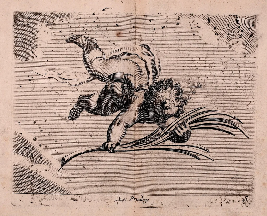 An illustration from Diuerses figures à l'eau forte de petits amours, anges vollants, et enfans : propre a mettre sur frontons, portes et autres lieux : ensemble, plus.rs sortes des masques, 1644, leaf 117