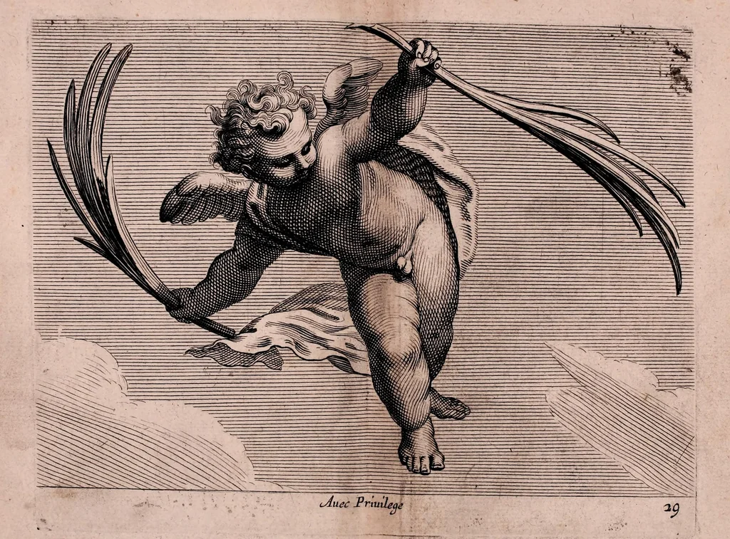 An illustration from Diuerses figures à l'eau forte de petits amours, anges vollants, et enfans : propre a mettre sur frontons, portes et autres lieux : ensemble, plus.rs sortes des masques, 1644, leaf 129