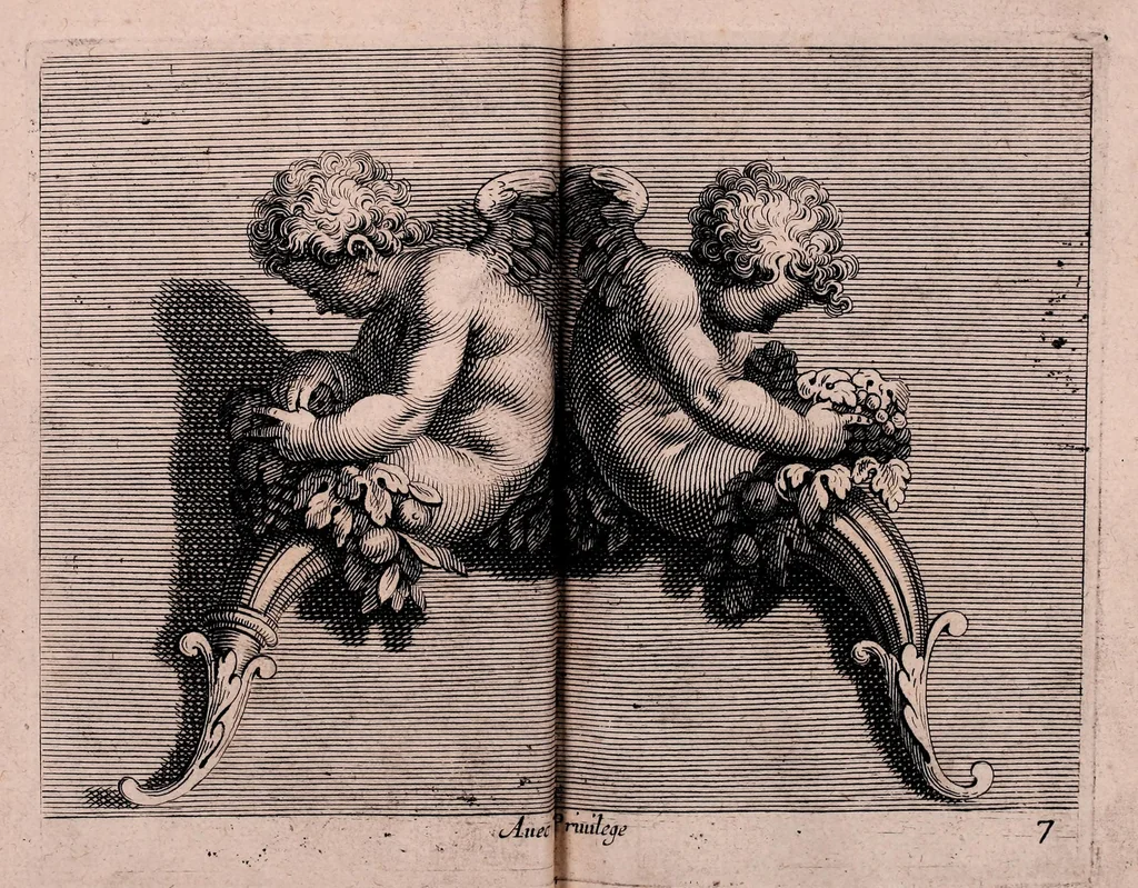 An illustration from Diuerses figures à l'eau forte de petits amours, anges vollants, et enfans : propre a mettre sur frontons, portes et autres lieux : ensemble, plus.rs sortes des masques, 1644, leaf 35