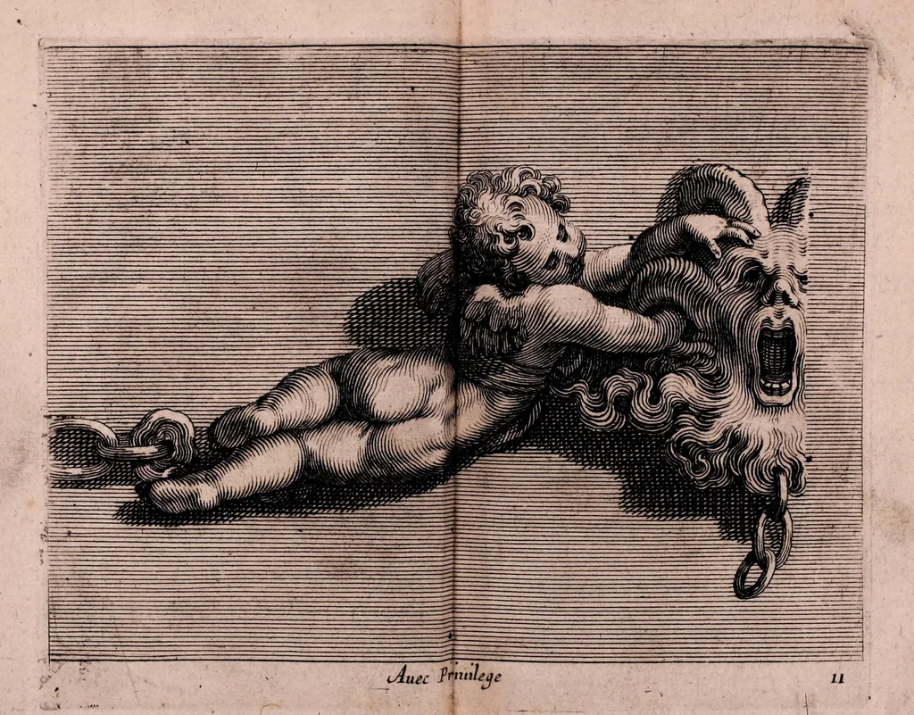 An illustration from Diuerses figures à l'eau forte de petits amours, anges vollants, et enfans : propre a mettre sur frontons, portes et autres lieux : ensemble, plus.rs sortes des masques, 1644, leaf 57