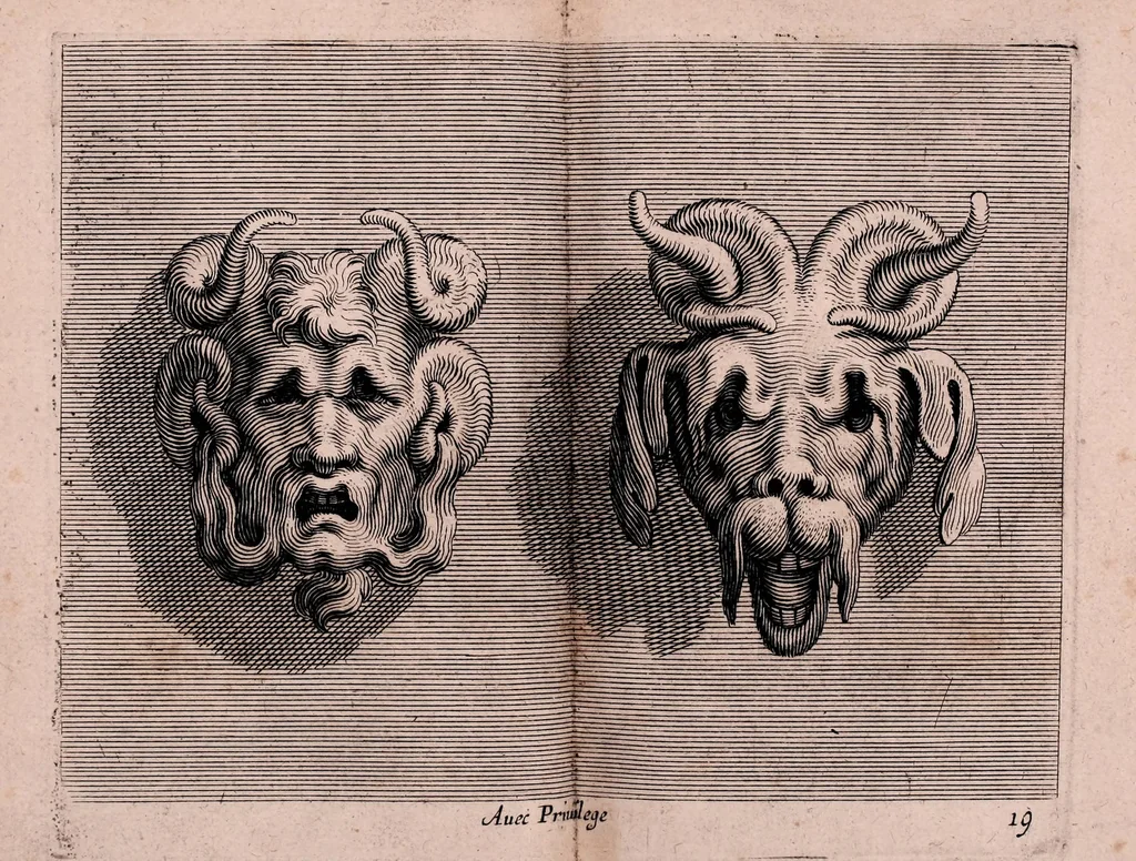 An illustration from Diuerses figures à l'eau forte de petits amours, anges vollants, et enfans : propre a mettre sur frontons, portes et autres lieux : ensemble, plus.rs sortes des masques, 1644, leaf 89