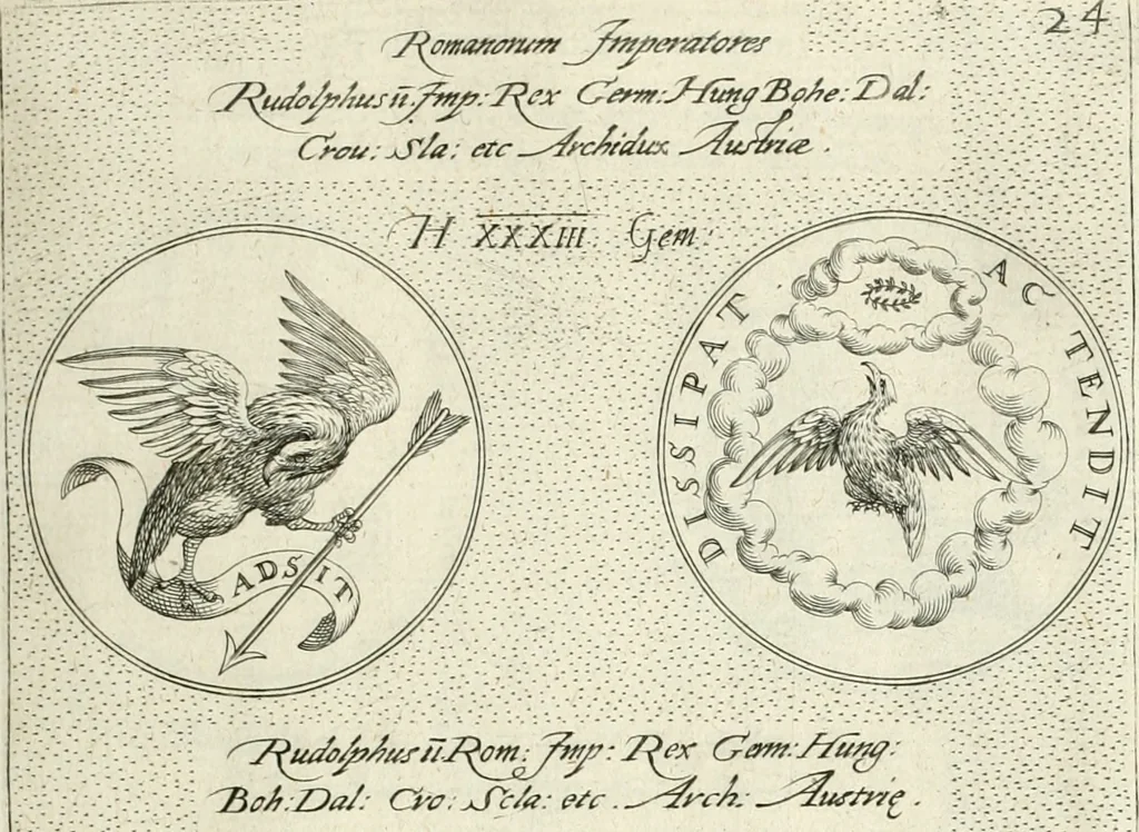 An illustration from Symbola diuina & humana pontificvm, imperatorvm, regvm : accessit breuis & facilis isagoge Iac. Typotii : ex mvsaeo Octavii de Strada civis Romani : tomus primus[-tertius], 1601, leaf 58