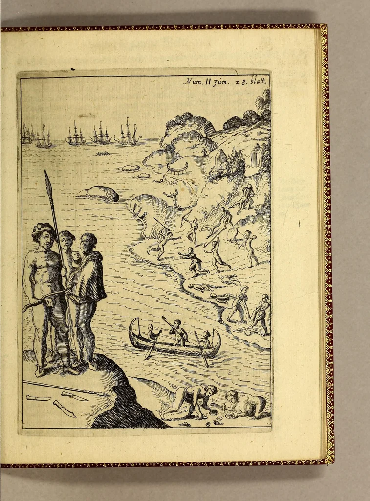 An illustration from Diurnal der nassawischen Flotta, : oder Tagregister, vnd historische, ordentliche Beschreibung einer gewaltigen mächtigen Schiffahrt, vmb die gantze Erdkugel rund vmbhr. Von den hochmögenden Herren Staden angestellet, vnd durch die Abgeordneten glücklich vollbracht, in den 1623. 1624. 1625. 1626. vnd 1627. Jahren verrichtet. ..., 1629, leaf 49