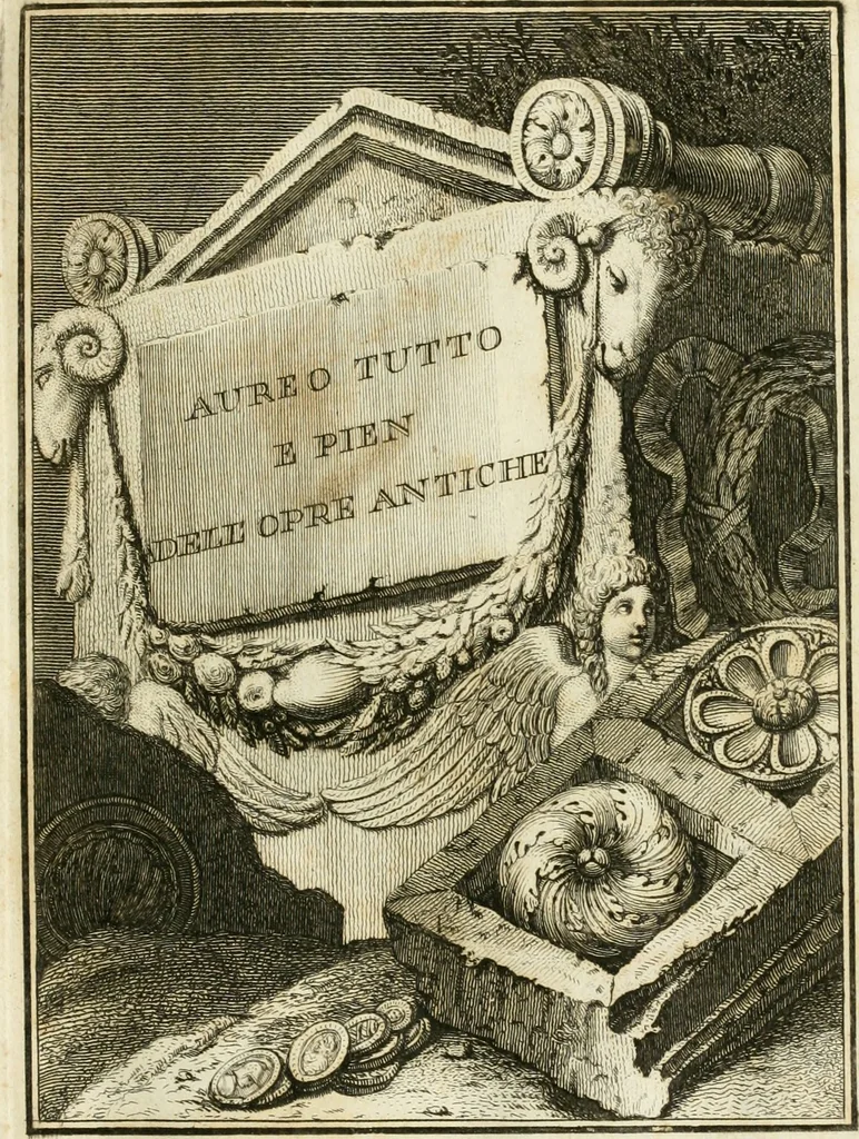 An illustration from Manuale di varj ornamenti tratti dalle fabbriche, e frammenti antichi : per uso, e commodo de' pittori, scultori, architetti, scarpellini, stuccatori, intagliatori di pietre, e legni, argentieri, giojellieri, ricamatori, ebanisti & c., 1781, leaf 10