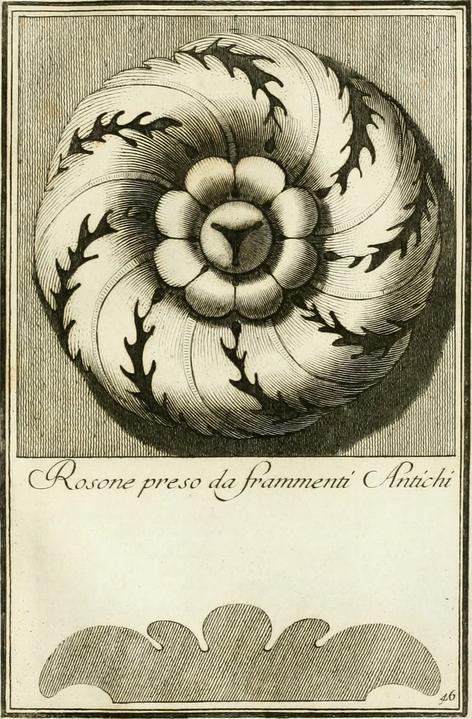 An illustration from Manuale di varj ornamenti tratti dalle fabbriche, e frammenti antichi : per uso, e commodo de' pittori, scultori, architetti, scarpellini, stuccatori, intagliatori di pietre, e legni, argentieri, giojellieri, ricamatori, ebanisti & c., 1781, leaf 102