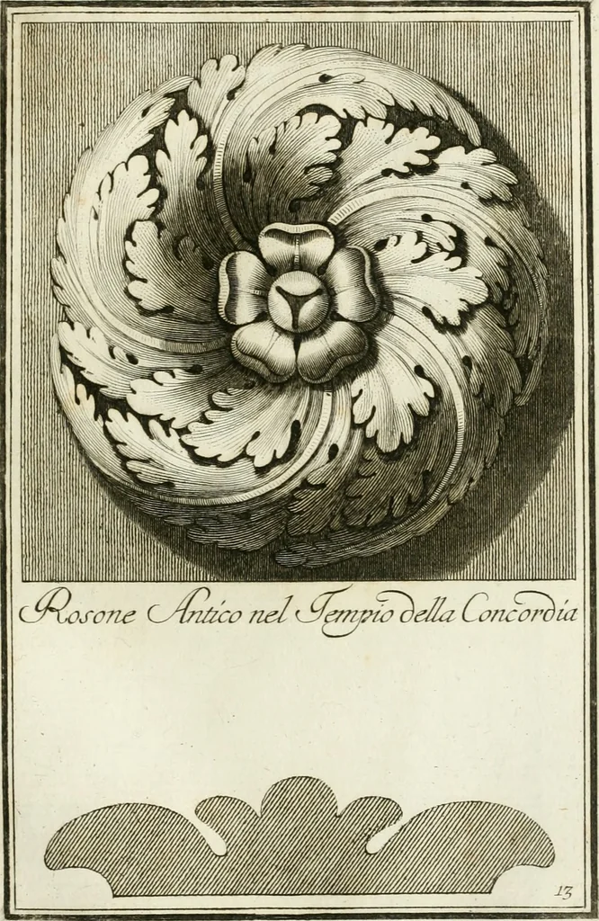 An illustration from Manuale di varj ornamenti tratti dalle fabbriche, e frammenti antichi : per uso, e commodo de' pittori, scultori, architetti, scarpellini, stuccatori, intagliatori di pietre, e legni, argentieri, giojellieri, ricamatori, ebanisti & c., 1781, leaf 36
