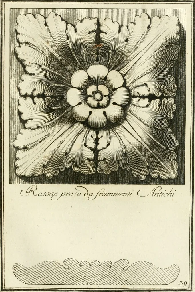 An illustration from Manuale di varj ornamenti tratti dalle fabbriche, e frammenti antichi : per uso, e commodo de' pittori, scultori, architetti, scarpellini, stuccatori, intagliatori di pietre, e legni, argentieri, giojellieri, ricamatori, ebanisti & c., 1781, leaf 88