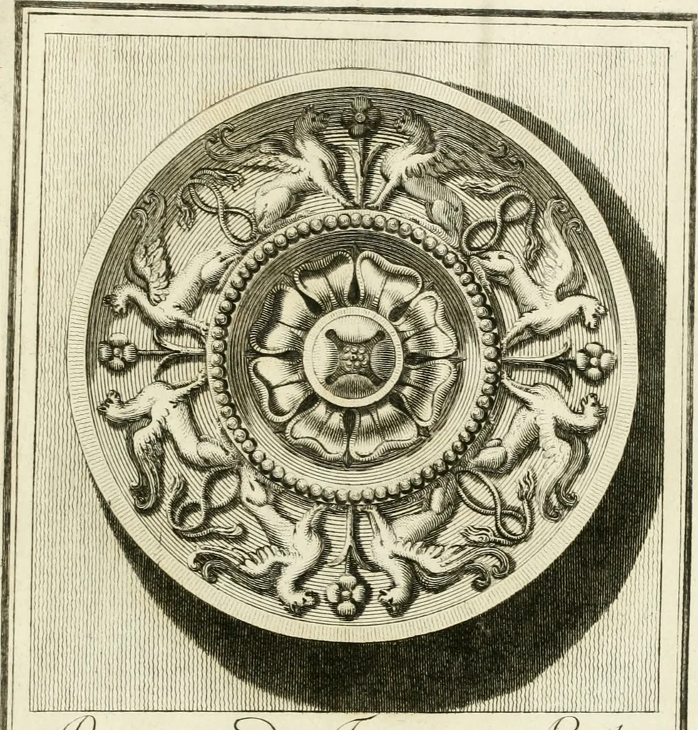 An illustration from Manuale di varj ornamenti tratti dalle fabbriche, e frammenti antichi : per uso, e commodo de' pittori, scultori, architetti, scarpellini, stuccatori, intagliatori di pietre, e legni, argentieri, giojellieri, ricamatori, ebanisti & c., 1781, leaf 102