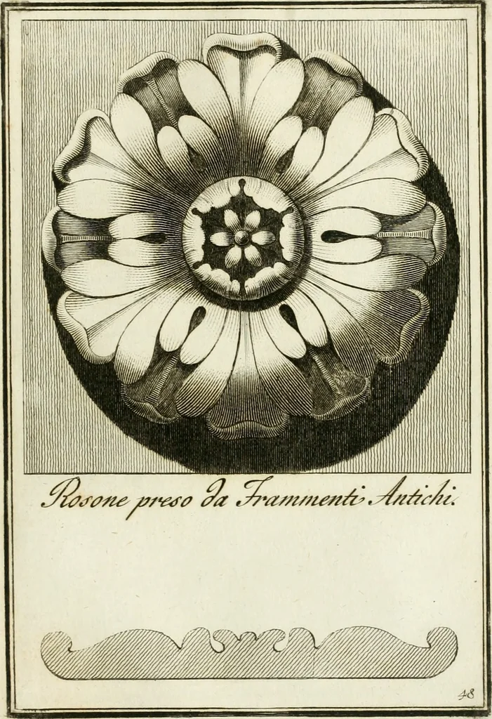 An illustration from Manuale di varj ornamenti tratti dalle fabbriche, e frammenti antichi : per uso, e commodo de' pittori, scultori, architetti, scarpellini, stuccatori, intagliatori di pietre, e legni, argentieri, giojellieri, ricamatori, ebanisti & c., 1781, leaf 104