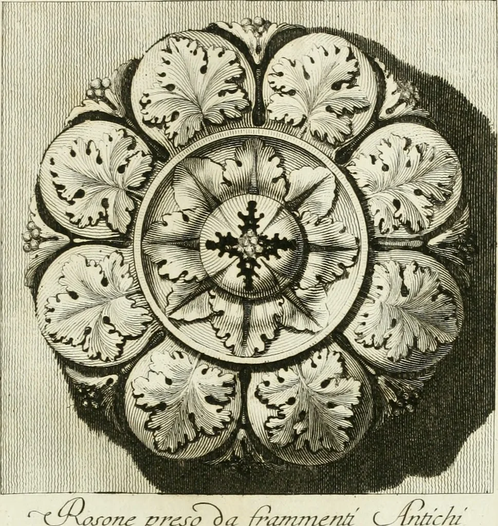 An illustration from Manuale di varj ornamenti tratti dalle fabbriche, e frammenti antichi : per uso, e commodo de' pittori, scultori, architetti, scarpellini, stuccatori, intagliatori di pietre, e legni, argentieri, giojellieri, ricamatori, ebanisti & c., 1781, leaf 106