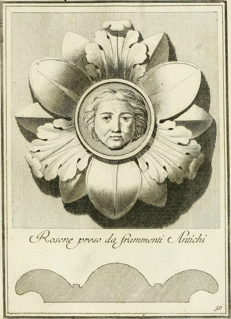 An illustration from Manuale di varj ornamenti tratti dalle fabbriche, e frammenti antichi : per uso, e commodo de' pittori, scultori, architetti, scarpellini, stuccatori, intagliatori di pietre, e legni, argentieri, giojellieri, ricamatori, ebanisti & c., 1781, leaf 108