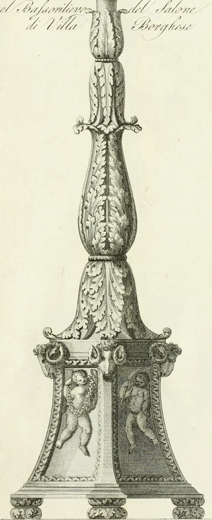 An illustration from Manuale di varj ornamenti tratti dalle fabbriche, e frammenti antichi : per uso, e commodo de' pittori, scultori, architetti, scarpellini, stuccatori, intagliatori di pietre, e legni, argentieri, giojellieri, ricamatori, ebanisti & c., 1781, leaf 128