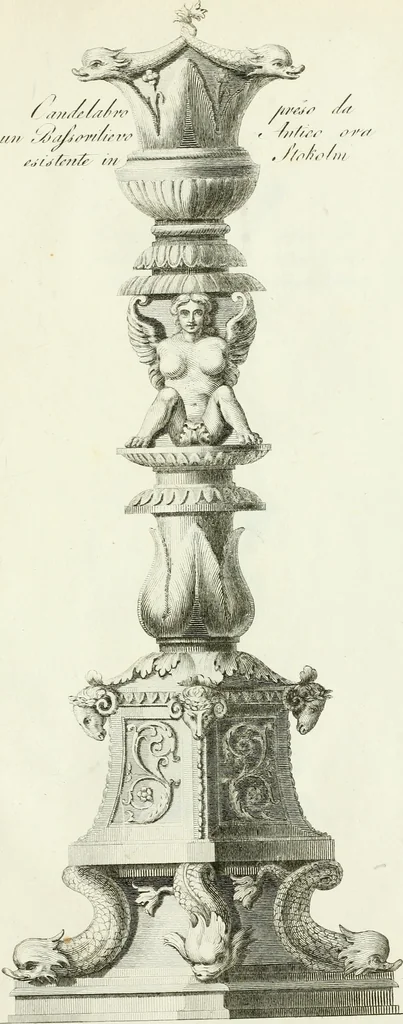 An illustration from Manuale di varj ornamenti tratti dalle fabbriche, e frammenti antichi : per uso, e commodo de' pittori, scultori, architetti, scarpellini, stuccatori, intagliatori di pietre, e legni, argentieri, giojellieri, ricamatori, ebanisti & c., 1781, leaf 140