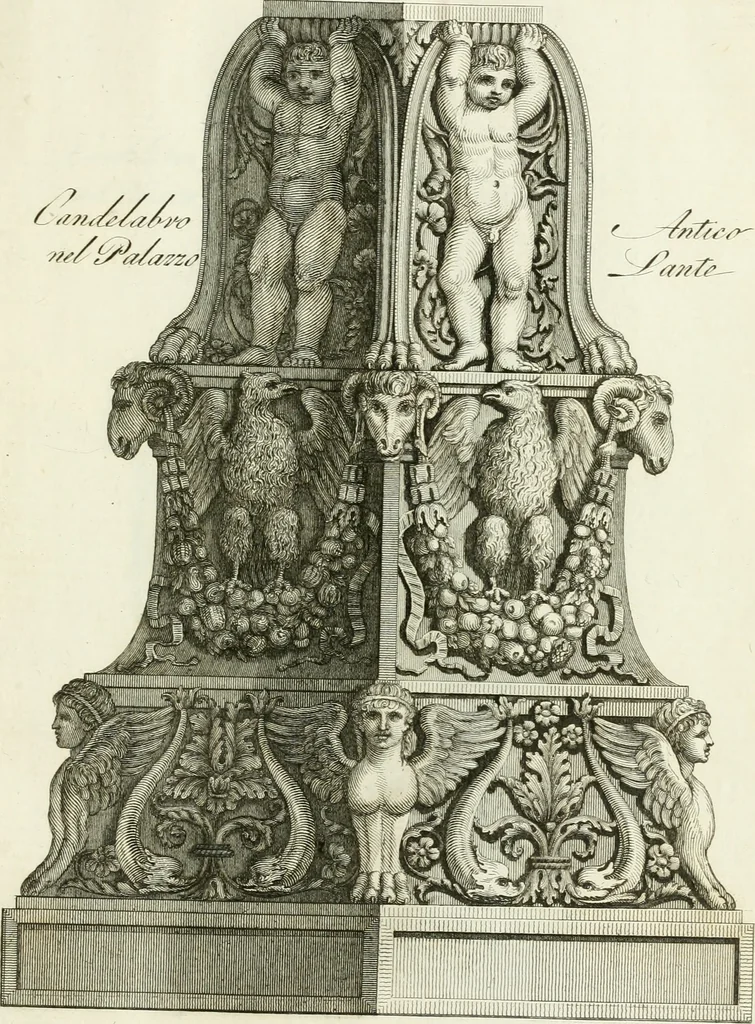 An illustration from Manuale di varj ornamenti tratti dalle fabbriche, e frammenti antichi : per uso, e commodo de' pittori, scultori, architetti, scarpellini, stuccatori, intagliatori di pietre, e legni, argentieri, giojellieri, ricamatori, ebanisti & c., 1781, leaf 42