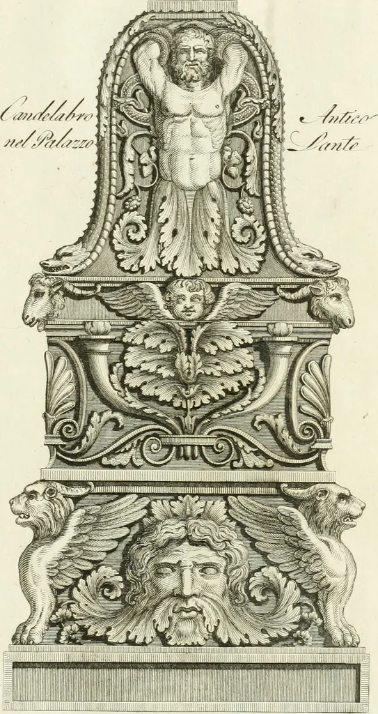 An illustration from Manuale di varj ornamenti tratti dalle fabbriche, e frammenti antichi : per uso, e commodo de' pittori, scultori, architetti, scarpellini, stuccatori, intagliatori di pietre, e legni, argentieri, giojellieri, ricamatori, ebanisti & c., 1781, leaf 44