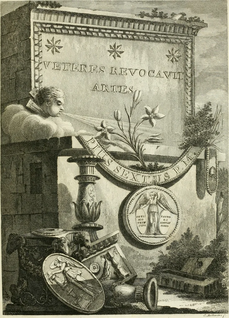 An illustration from Manuale di varj ornamenti tratti dalle fabbriche, e frammenti antichi : per uso, e commodo de' pittori, scultori, architetti, scarpellini, stuccatori, intagliatori di pietre, e legni, argentieri, giojellieri, ricamatori, ebanisti & c., 1781, leaf 6