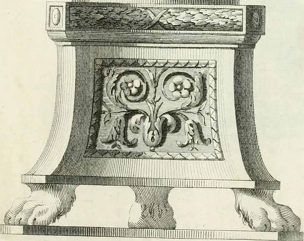 An illustration from Manuale di varj ornamenti tratti dalle fabbriche, e frammenti antichi : per uso, e commodo de' pittori, scultori, architetti, scarpellini, stuccatori, intagliatori di pietre, e legni, argentieri, giojellieri, ricamatori, ebanisti & c., 1781, leaf 68