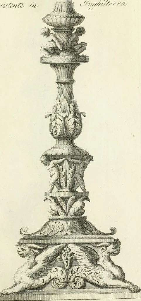 An illustration from Manuale di varj ornamenti tratti dalle fabbriche, e frammenti antichi : per uso, e commodo de' pittori, scultori, architetti, scarpellini, stuccatori, intagliatori di pietre, e legni, argentieri, giojellieri, ricamatori, ebanisti & c., 1781, leaf 70