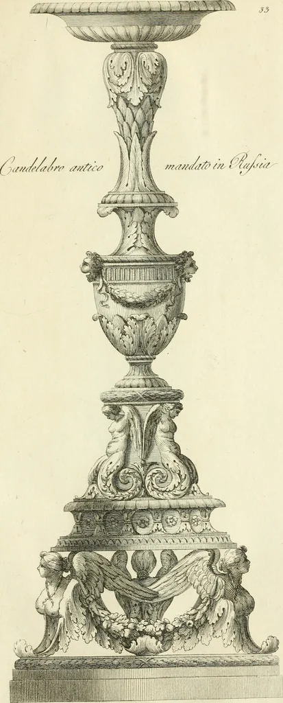 An illustration from Manuale di varj ornamenti tratti dalle fabbriche, e frammenti antichi : per uso, e commodo de' pittori, scultori, architetti, scarpellini, stuccatori, intagliatori di pietre, e legni, argentieri, giojellieri, ricamatori, ebanisti & c., 1781, leaf 80