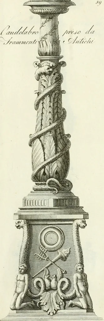 An illustration from Manuale di varj ornamenti tratti dalle fabbriche, e frammenti antichi : per uso, e commodo de' pittori, scultori, architetti, scarpellini, stuccatori, intagliatori di pietre, e legni, argentieri, giojellieri, ricamatori, ebanisti & c., 1781, leaf 92