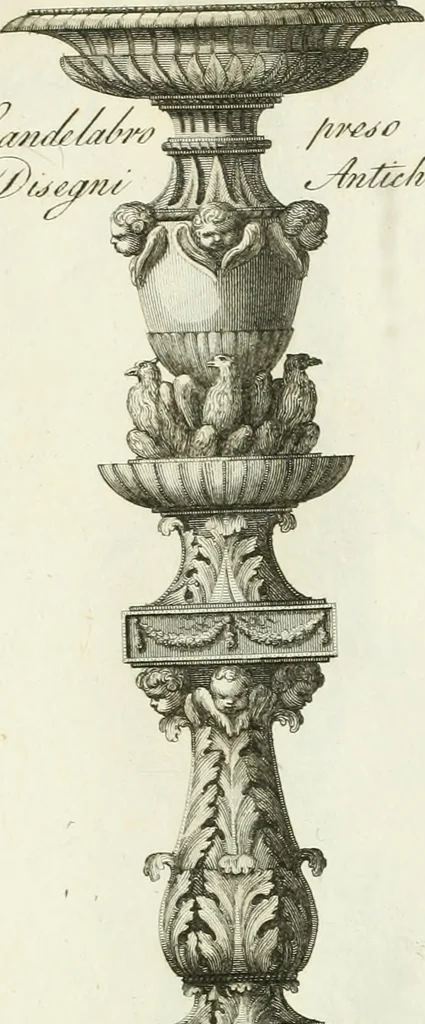 An illustration from Manuale di varj ornamenti tratti dalle fabbriche, e frammenti antichi : per uso, e commodo de' pittori, scultori, architetti, scarpellini, stuccatori, intagliatori di pietre, e legni, argentieri, giojellieri, ricamatori, ebanisti & c., 1781, leaf 18