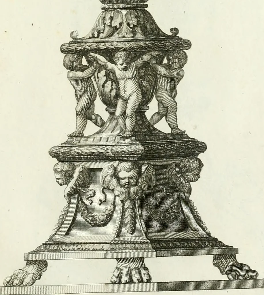 An illustration from Manuale di varj ornamenti tratti dalle fabbriche, e frammenti antichi : per uso, e commodo de' pittori, scultori, architetti, scarpellini, stuccatori, intagliatori di pietre, e legni, argentieri, giojellieri, ricamatori, ebanisti & c., 1781, leaf 18