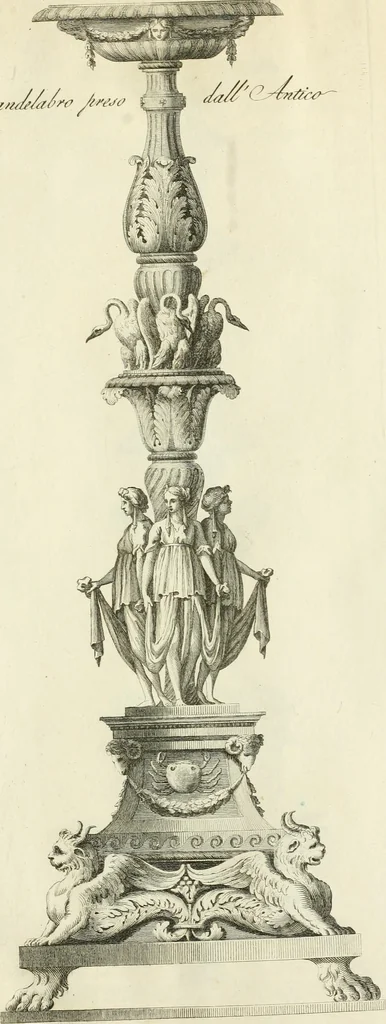 An illustration from Manuale di varj ornamenti tratti dalle fabbriche, e frammenti antichi : per uso, e commodo de' pittori, scultori, architetti, scarpellini, stuccatori, intagliatori di pietre, e legni, argentieri, giojellieri, ricamatori, ebanisti & c., 1781, leaf 20