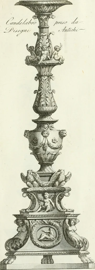 An illustration from Manuale di varj ornamenti tratti dalle fabbriche, e frammenti antichi : per uso, e commodo de' pittori, scultori, architetti, scarpellini, stuccatori, intagliatori di pietre, e legni, argentieri, giojellieri, ricamatori, ebanisti & c., 1781, leaf 26