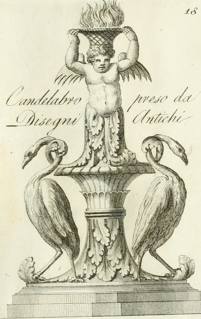 An illustration from Manuale di varj ornamenti tratti dalle fabbriche, e frammenti antichi : per uso, e commodo de' pittori, scultori, architetti, scarpellini, stuccatori, intagliatori di pietre, e legni, argentieri, giojellieri, ricamatori, ebanisti & c., 1781, leaf 48