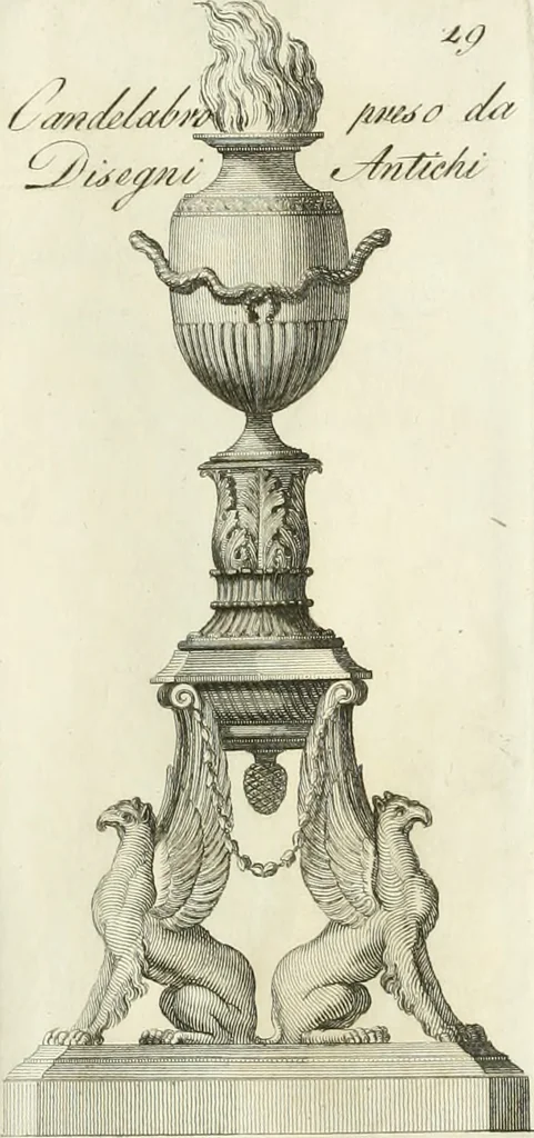 An illustration from Manuale di varj ornamenti tratti dalle fabbriche, e frammenti antichi : per uso, e commodo de' pittori, scultori, architetti, scarpellini, stuccatori, intagliatori di pietre, e legni, argentieri, giojellieri, ricamatori, ebanisti & c., 1781, leaf 50