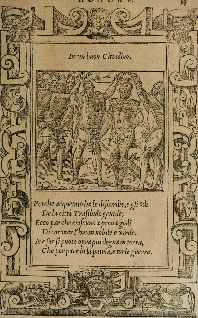 An illustration from Diverse imprese accomodate a diuerse moralità : con versi che i loro significati dichiarano : Tratte da gli Emblemi dell' Alciato, 1549, leaf 96